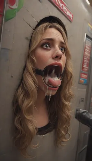 ((front side view, rotated, angle, style:1.3)), (40 years adult), (woman is stuck with her hips in a round hole with metal rim in a vending machine), (her bust is protruding from a round hole in the front of the vending machine:1.5), (stuck in hole with metal rim:1.3), (vending machine at night, slot for payment), (wide mouth spreader ring gag, gaping mouth:1.5), (leaning forward), (embarrassed, ashamed), (pleading expression:1.2), (terrified:1.6), (crying:1.2), (fear and panic:1.2), (box is low mounted, close to floor), (score_9, score_8_up, score_7_up, UHD 8K, masterpiece, best quality, maximum details, natural light, extreme realism, cinematic still), (huge penis:1.4), (she stares at erect penis in front of her face:1.3), (POV from above, she is looking up to viewer, submissive), (POV man standing and looking down, man stroking his big dick:1.1), (arms restrained to wall), (her arms left and right flat against the wall, multiple iron rings fixing her stretched arms against the wall:1.5), (POV standing man, looking down on her:1.2), (mouth wide open), (dirty blonde Swedish woman, freckles, tanned), (tan lines), (iron rings restrain her arms to vending machine), (her arms are spread eagle against vending machine:1.8), (arms restrained with iron rings:1.8), (free-standing vending machine), (her face is covered in cum:1.6), (enormous cum in er mouth:1.12), (bukkake, facial:1.48), (crying:1.3), (freckles, skin impurities), (transparent liquid:1.2), (realistic cum), (wet face:1.2), (oily skin:1.5), (stuck in a round hole with metal rim:1.6), (long blonde hair, elegantly styled hair, long wavy hair:1.5), (eyes wide open in horror:1.8), (her mouth serves only one purpose), (she's got a new job, she's a public cum dumpster)