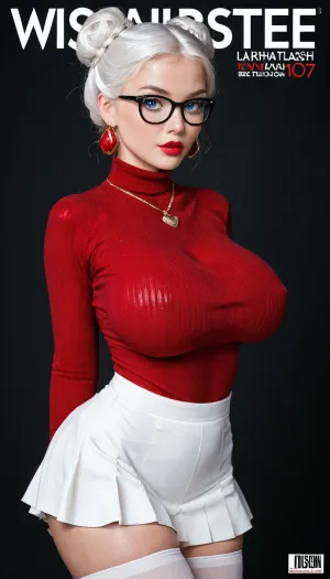 (((The porn Magazine "BIG TITS"))), The cover page, the headline is "BIG TITS become NO.1 " and the cover lady is pretty, aidmaRealisticPeoplePhotograph., raw, lighting, overexposed, harsh, flash, <lora:SDXLHighDetail_v6-000005:.8>, <lora:Rawfully Stylish v0.2_epoch_20:.8>, Tall slender Korean teacher woman with thick black glasses, (((25 years old))), ((Wavy long snow white hair with with bangs at the front, in bun)), ., (((white thigh highs))), Very Short white skirt, ((Sexy Posing)), (((Big breasts:1.5))), Shirt too tight and semi-transparent., ((red sweater)), golden necklace