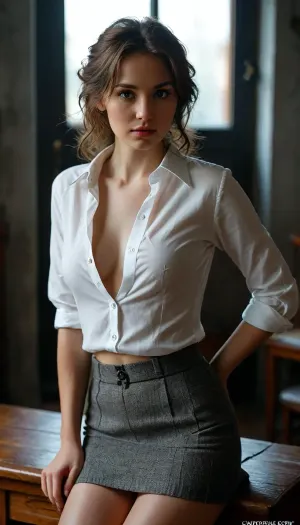 In photography studio, professional photography, high quality, artistic, soft, chiaroscuro, very contrasting light, romantic atmosphere, artistic composition, (in a dark corner), wonderful 30 years old woman, sexy, no panties, full body, grey tweed skirt, (unbuttoned white shirt), pantyhose, (((show nipples))), shy, ((upskirt)), watching at us with serenity, (back view), perfect eyes, <lora:add-detail-xl:2>, .=, raw, <lora:MJ52:2>, hinaigirl, <lora:MaybeBetterFaceInFullBodyLora_XL_rev3:.8>