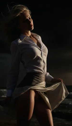 beach, professional photography, high quality, artistic, soft, romantic atmosphere, beautiful thin blonde woman secretary, wet, united white shirt, show panties, upskirt, storm, long skirt, stockings, (((windyskirtlift))), (((wind lifring skirt))), ((Wind)), (((strong wind))), hairy pussy, undressing, sunlight_str1, <lora:add-detail-xl:2>, <lora:dark:.8>, <lora:undressing_XL_v1:2>, <lora:sunlight_str1-SDXL_v1-dim64-steps1691:.8>