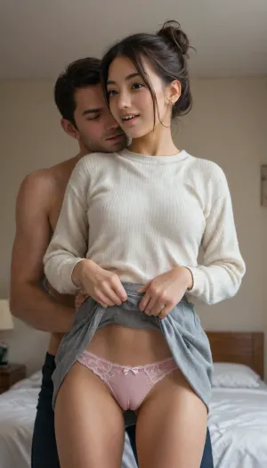 25 year old very skinny Asian beauty with long white messy hair, She has perfect teeth, slender figure. happy expression, her hair is up in a bun, ((she is wearing a skirt)), in her apartment bedroom. Her panties are the center of the image, and she is facing forward, A tall man is behind the girl, standing very close., (((He is lifting her skirt and looking at her panties, (Cameltoe:1.8), She is wearing a sweater and a skirt and panties))), She has a slim build., (The man’s expression is sexually aroused and happy), . He is wearing pajama pants and a sweater. His face is visible and he is kissing her ear. best quality He has short hair, <lora:skirtlift_xl:.6>