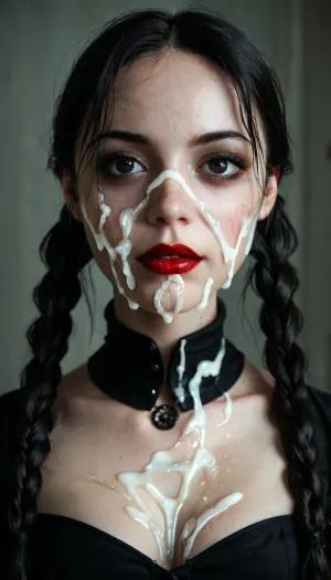 facing camara, 1 girl solo, spooky moonlit mansion in distance, (intricate detailed Wednesday Addams face), intensely proud expression, (huge dark eyes with detailed black iris:1.2), dark blood red lipstick detailed high collar buttoned black gothic top, very long very thick black braided high pigtails hair, several strings of thick lumpy cum splashed across her face, (after extreme bukkake:1.5), cum on hair, (cum on high pigtails:1.3), high detail, sharp focus, perfect lighting, awesome, dslr, 4k high quality. extra detail, extra sharp, magical, perfect moment, natural skin, pores, (young), ohwx, woman, <lora:ortega_sdxxxl_dh128_v1:.8>