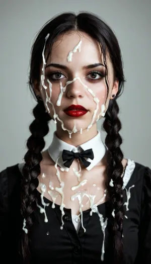 detailed closeup, facing camara, 1 girl solo, spooky moonlit mansion in distance, (intricate detailed Wednesday Addams face), intensely proud expression, (huge dark eyes with detailed black iris:1.2), dark blood red lipstick detailed high collar buttoned black gothic top, very long very thick black braided high pigtails hair, several strings of thick lumpy cum splashed across her face, (after extreme bukkake:1.5), cum on hair, (cum on high pigtails:1.3), high detail, sharp focus, perfect lighting, awesome, dslr, 4k high quality. extra detail, extra sharp, magical, perfect moment, natural skin, pores, (young), ohwx, woman, <lora:ortega_sdxxxl_dh128_v1:.8>