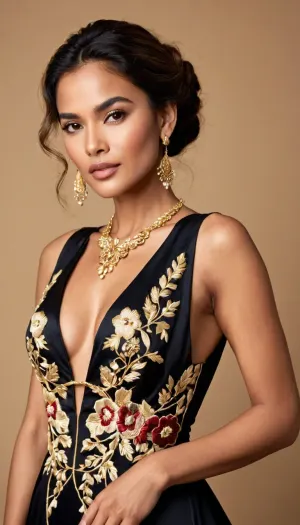 Woman, (ethnicity:1.2), (age:1.1), (body type:1.1), (pose:1.2), wearing a black evening gown, (detailed clothing:1.2), (accessories:1.1), with gold embroidery, (detailed embroidery:1.2), (facial features:1.3), (expression:1.2), standing centered in the frame, facing the camera directly, elegant posture, gown with deep v-neck, cut-out details, (detailed neckline:1.2), (detailed fabric texture:1.2), floral gold embroidery, (composition:1.2), photorealistic style, plain beige background, studio shot, glamourous, (golden highlights:1.1), and dramatic lighting, fashion photography, high detail, 8k resolution, rich black color.