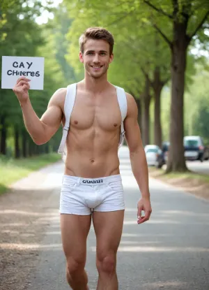 An attractive fit muscular Caucasian 26 year old male hitchhiking along scenic road. Bright day, trees, cars, river, road. Wearing an unbuttoned white shirt that shows his stomach and baggy jeans showing the waistband of his white briefs. Backpack at his feet, thumbs out hitch hiking, attractive smile, short light brown hair and stubble. Holding a sign saying GAY, white briefs showing