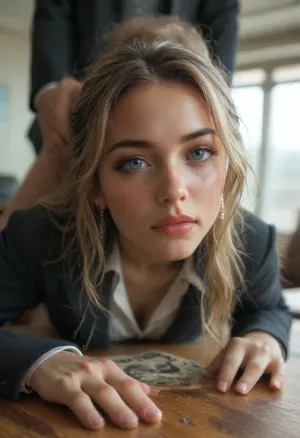 most alluring oval face, high contoured cheekbone, blonde, light blue eyes, perfectly shaped lips, perfectly shaped nose, pink lipstick, hinata waist, supermodel figure, (striped black blazer:1.2), office, shiny skin, large window, close up, (focus on face:1.3), dynamic pose, dynamic angle, dynamic lighting, professional bright light, (face bust hips thighs in image:1.3), man standing behind woman, (anal doggystyle sex:1.3), hands on hips, anal sex, man in image, face down, ass up, head on desk, laying on desk, doggystyle, fat man in suit, old man in suit, man in black suit, white shirt, man has loose tie, womans head lying down on the side of her head on the desk with her ass up, painal, head pushed down, skirt pulled up, thigh high stockings, platform high heels, irelia from league, award winning photo, photorealistic, photographic, creampie, face, horny, lora, quality, SDXL_BetterFaces-LoRA_v1, .5>, <lora:lora-sdxl-perfect-eyes:.9>, <lora:reallora1:1>, <lora:Oxygen girl_SDXL1.0:.8>, <lora:MJ52:.7>, <lora:BUT_SDXL_SHS:.5>