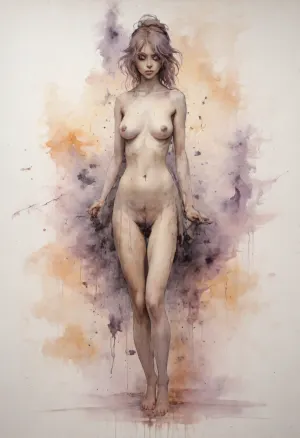 Dungeons&Dragons style, full body, a naked female elf wizard, blue long hair, blunt bangs, creating fireball, magic sparks, (nude:2), no clothes, large hips, smooth pussy, Yoji Shinkawa, Luis Royo, fog volcano background, dark purple and deep yellow and light pink palette, Ink, ink, (ink-style, ink_wash_painting), <lora:InkWashpainting:.8>