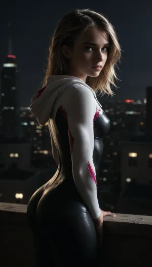 night, clear weather, (((18 years old))), (((young))), (spider girl Gwen Stacy), Braided side Side Cornrows Hair, (tight outfit), athletic body, hood on head, hip gap, (narrow waist:1.3), (blonde with pink strands), (view from side:1.4), climbs to the roof of a high-rise building, (makeup), New York day, ((pussy cameltoe:.6)), wet clothes, (oiled skin:1.4), (wet tight bodysuit), hand, 1girl, medium natural breast, (high detailed face:1.5), dim lights, (hard nipples:.8), rear view, view from behind, <lora:HandFineTuning_XL:1>, <lora:MGLRbodysuit_sdxl:.6>, <lora:uberfit_lora_sdxl:.4>, <lora:dark:.3>, (chiaroscuro lighting:.3)