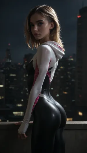 night, clear weather, (((18 years old))), (((young))), (spider girl Gwen Stacy), Braided side Side Cornrows Hair, (tight outfit), athletic body, hood on head, hip gap, (narrow waist:1.3), (blonde with pink strands), (view from side:1.4), climbs to the roof of a high-rise building, (makeup), New York day, ((pussy cameltoe:.6)), wet clothes, (oiled skin:1.4), (wet tight bodysuit), hand, 1girl, (athletic ass), medium natural breast, (high detailed face:1.5), dim lights, (hard nipples:.8), rear view, view from behind, <lora:HandFineTuning_XL:1>, <lora:MGLRbodysuit_sdxl:.6>, <lora:uberfit_lora_sdxl:.4>, <lora:dark:.3>, (chiaroscuro lighting:.3)