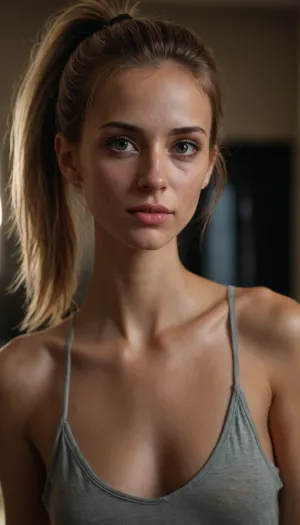 photorealistic, (gorgeous skinny fit woman), maximum quality, barely legal, very messy ponytail hair, extremely loose oversized tank top, (large neckline with braless 40J cups), eyeliner, full body view, accurate eyes, nymphomaniac looking eyes, (realistic detailed eyes), (realistic skin texture), extremely detailed, high resolution, high resolution face, high resolution eyes photorealistic, (gorgeous skinny fit woman), maximum quality, barely legal, very messy ponytail hair, extremely loose oversized tank top, (large neckline with braless 40J cups), eyeliner, full body view, accurate eyes, nymphomaniac looking eyes, (realistic detailed eyes), (realistic skin texture), extremely detailed, high resolution, high resolution face, high resolution eyes