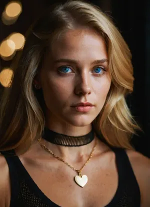 A woman with long blonde hair and striking blue eyes, adorned with a choker necklace featuring a heart pendant, wears a black tank top with a transparent chest panel. Her expression is one of contemplation, with a slight hint of sadness. The background is dark with a subtle bokeh effect, emphasizing the subject in the foreground. Soft, warm light from the upper left corner casts gentle shadows on her face, creating an intimate atmosphere. The scene is framed with a slight film grain, giving it a nostalgic, cinematic quality.