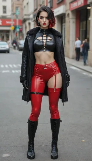 masterpiece photograph, best quality analog photo, amazing quality, full shot photo, very aesthetic, absurdres, sensual woman, gothic character, blue eyes, two-tone hair, black hair, red hair, short hair, hair over one eye, bob cut, fur-trimmed coat, red leather coat, black choker, single earring, jewelry, makeup, lipstick, smokey eyeshadow, black latex crop top, cross-laced top, long sleeves, innerboob, clothing cutout, lace, revealing clothes, black gloves, claws, black belt, multiple belts, thigh straps, red latex pants, cross-laced legwear, hip vent, black thigh leather boots. walking in the street