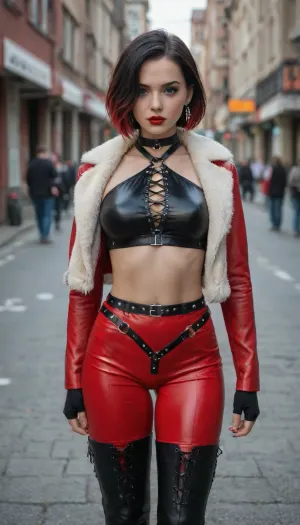 masterpiece photograph, best quality analog photo, amazing quality, full shot photo, very aesthetic, absurdres, sensual woman, gothic character, blue eyes, two-tone hair, black hair, red hair, short hair, hair over one eye, bob cut, fur-trimmed coat, red leather coat, black choker, single earring, jewelry, makeup, lipstick, smokey eyeshadow, black latex crop top, cross-laced top, long sleeves, innerboob, clothing cutout, lace, revealing clothes, black gloves, claws, black belt, multiple belts, thigh straps, red latex pants, cross-laced legwear, hip vent, black thigh leather boots. walking in the street