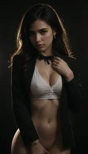 Solo, Beautiful tifa lock hart, looking in a seductive manner, eyes looking straight at the us, fair skin, long dark wavy hair, brown blazer, white shirt, black tie, sexy body, cute face, clear skin, close up, whole body visible, wearing golden anklets, golden bangles, golden chain, curvy figure, thick arms, thick hips, thick thighs, seductive face, looking at the viewer with lust, beautiful detailed face, amazingly sexy face, side view, standing straight in a sexy way, black background, rim lighting, key lighting, lighting on her breasts, lighting on her face, <lora:dark:.8>