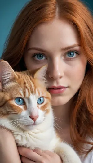5000000010.268, Beautiful girl, a baiby with long red hair and azure blue eyes hugs a fluffy ginger cat with blue eyes. The photo is very realistic, there are no other objects or people in the plain background. The red hair and fur blend together. The colors are bright and attractive, the girl's face is clear and detailed, and the cat's fur looks soft and inviting. The angle of the shot is slightly tilted upward, allowing the couple to be captured together.