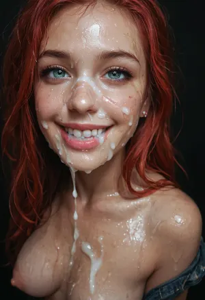 super close shot of bukkake, (viewed from side and above), happy open smile, hd detailed dark grey/green/blue coloured eyes and iris, ((straight long wet hair)), long runny thick cumshots, facial portrait picture of her face in cum facial, with natural minimal makeup, (looking at viewer), a lot of Cum on her face and between her perky saggy pointy small pert breasts, (huge perky puffy areola and long thick conical nipples visible), cum on her eyelashes, Cum on her eyelids, Cum on her cheeks, her face covered with Cum, Cum on her pink lips. cum on her hair, cum in mouth, (red haired styles, aged 37, older, 37yo), woman, cum, on, face, facialized, superfacialized, <lora:JustCum:1.1>, <lora:facialized:1.1>