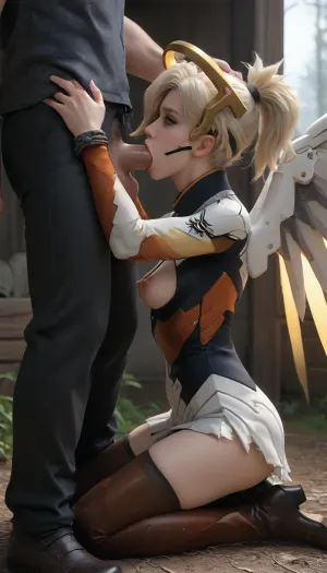 masterpiece, best quality, high resolution, hires, score_9, score_8_up, score_7_up, score_6_up, (Mercy:1.6), white skin tight leather top armor, black leggings, black leather boots, white metal angel wings, white metal helo, armor ripped off, leggings ripped open, short blond hair, narrow face, slim body, short neck, medium breasts, restrained, bound and ball gagged, tied up, arms tied above head, legs tied up extended out, perky nipples, hairy blond pussy, big bush, side view, werewolf partly out of frame, gigantic furry wolf cock, blowjob, balls deep, deepthroat, incase style, ratatatat74, hanunuewolf, <lora:287175_training_data:1.3>, <lora:ratatatat74-000050:1.6>, <lora:hanunue v1 20ep:1.3>