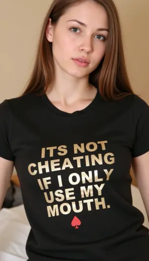 Suck dick, (penis:1.9), interracial, qos, queen of spades, Text painted on her t-shirt "ITS NOT CHEATING IF I ONLY USE MY MOUTH", small gold letters, ((all text visible))