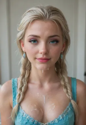 This is a description of a young woman cosplay Elsa who is posing solo with her hair styled in twin braids Elsa Frozen and a braid that falls over one shoulder. She has blonde hair and a smile on her face, with one eye closed as if she's lost in thought. The model wears no clothing, but the image suggests a realistic depiction of her body. There is shading around her eyes to give the impression of depth and realism.
The model appears to be nude, with her breasts and stomach covered by cum that has been applied on her face. She's wearing a facial expression that looks like she's enjoying the sensation of being cummed on. The image also includes bukkake, which is a Japanese term for group sex where multiple men ejaculate onto one woman.
Overall, this description suggests an erotic and explicit depiction of a young woman who is enjoying a sensual experience with her body., bukkake, woman, cum, on, face, <lora:MS_Real_XL_Bukkake:.5>, <lora:JustCum:.5>