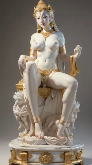 Statue, masterpiece, high quality, detailed, a pure white marble sculpture of a young stunning naked chinese women bodhisattva Avalokitesvara with teardrop breast, big shiny golden eyes, the white marble statue is squatting down with its leg spreading wide open showin naked pussy, naked body, showing off, gold accessories, jewelries, detailed face, smooth skin, smooth texture, HD, photorealistic