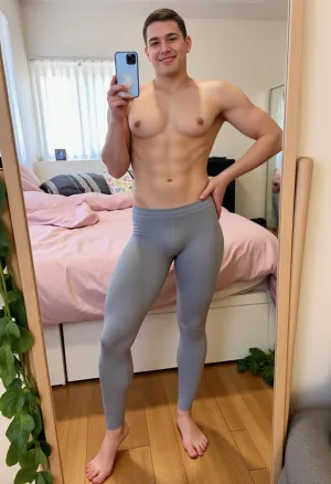Teasing mirror selfie in profile featuring a muscular thicc 25 year old college coed body builder wearing yoga pants turned sideways to show off her spectacularly round ass posing effortlessly with a hand on her hip., ((prominent feet)), Her tidy dorm room has a modern aesthetic, with a large mirror, pink bedsheets, many plants and, (ivy vines), . soft lighting enhances the pastel colors around her. The angle of the shot is slightly tilted, capturing a laid-back, amateur influencer-inspired vibe ., (gold anklets), (holding iphone), <lora:Gold_Anklets__Feet:.999>