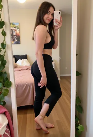Teasing mirror selfie in profile featuring a muscular thicc 25 year old college coed body builder wearing yoga pants turned sideways to show off her spectacularly round ass posing effortlessly with a hand on her hip., ((prominent feet)), Her tidy dorm room has a modern aesthetic, with a large mirror, pink bedsheets, many plants and, (ivy vines), . soft lighting enhances the pastel colors around her. The angle of the shot is slightly tilted, capturing a laid-back, amateur influencer-inspired vibe ., (gold anklets), (holding iphone), <lora:Gold_Anklets__Feet:.999>