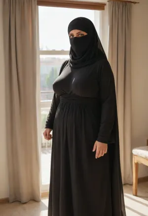 ((open wearing burqa)), breast out burqa, a fat curvy milf stood at a large window with blinds, through the blinds the sunlight covered her dress, <lora:sagging breasts XL:.5>