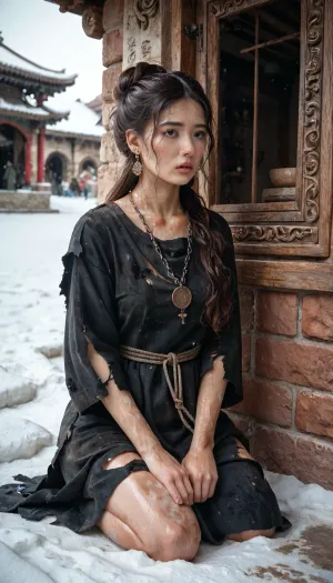 Brunette, oriental girl, long hair styled in a bun, black Roman slave tunic, dirty and torn tunic, wide neckline, very sweaty body, hands chained behind body, rusty iron necklace, Roman market, kneeling snow