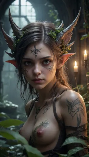 1 a 22-year-old girl is sleeping. Dark fantasy scene-dystopia with a very detailed and atmospheric environment. The world is ruined, but magical — overgrown ruins polluted with glowing anomalies, perverted nature and remnants of vanished civilizations. The light is dim or unnatural, casting eerie shadows. Creatures and characters are mystical, hybrids, animal-like creatures, elves or fairies with dangerous or wild traits. The art style combines elements of cyberpunk and medieval fantasy, featuring muted colors, metallic textures, glowing runes, and post-apocalyptic flora. Emphasize mystery, corruption, and hidden ancient power