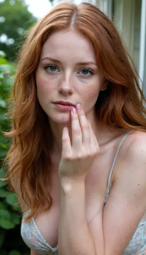 petite seductive 19 year old redhead neighbor tempting me from their patio, seen from outside, small tits, cute face, neighbors patio, seen from neighboring house, see through clothing, sheer clothes, beautiful hands, freckles, moles, skin rash, short nails, realistic hands, realistic long hair, beautiful nails, really long messy hair, light tasteful makeup, sunny morning, extremely long hair, very long morning hair, stripping, teasing me, seen from across hedge, seen from other house, hedge between me and her