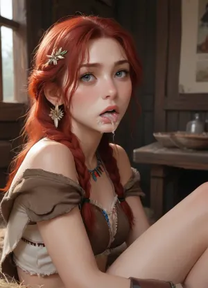 masterpiece, best quality, high resolution, hires, score_9, score_8_up, score_7_up, score_6_up, (Aloy:1.4), detailed face, detailed eyes, long red hair braided on two sides, primitive native American brown cloth outfit with white metal outlining, cloth bra, white metal arm armor, white metal leg armor, clothes moved up to reavil breasts and pussy, long red hair, nerrow face, broad shoulders, thick body, small breasts, perky nipples, bright red pussy hair, thick thys, Aloy laying flat legs out on the center of a table looking at the directly at the viewer, alot of cum on face, mouth open wide, tongue sticking out, cum in mouth, (mouth overflowing with cum), cum poring out of mouth, in a primitive village, close up side view, incase style, ratatatat74, fantasy, woman, cum, on, face, <lora:287175_training_data:1.5>, <lora:ratatatat74-000050:1.4>, <lora:JustCum:.8>