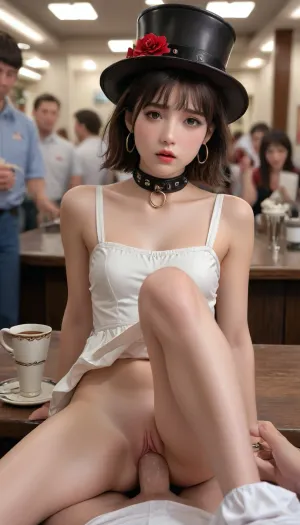 Nyakumi, Blowjob, cute girls 18, clown makeup, (urban srteet:1.3), steampunk, (butt-naked city), (dick:1.3), butt-naked, ((The man's legs are raised behind his head)), (Bdsm:1.1), show pussy, Lots of detail, realism, Spectators, ((Theatrical show)), (((Sex show))), Freak, fashion show, tv show, ((((On the neck there is a heavy leather collar with a huge ring)))), White leather hat, Very bright sun, (Eyes glow), ((Coffee:1.3)), ((A gold ring on his dick)), free use, female androids, the near future, leather mini apron with pockets, group family portrait, front view, group acrobatic sketch, sex-art installation of people, android servant, ((cabaret))