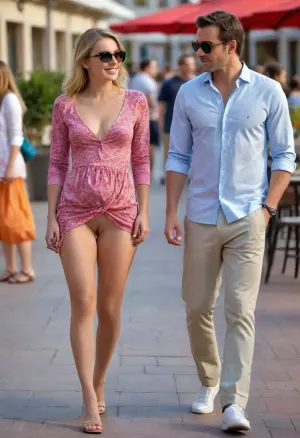1 man 1 woman facing each other, French attractive 25-year-old woman on a crowded commercial plaza with outdoor restaurant terraces, asking a 30-year-old man for directions, ((woman has athletic body and is wearing sunglasses:1.3)), woman has very long blonde hair, no makeup, loose pihtails, shy smile like she's just been told she looks great, ((woman has long-sleeved short shirtdress with artsy print exposing cleavage and naked pussy:1.3)), ((shaved pussy:1.3)), ((visible pussy:1.6)), bare legs, purse, shopping bags, flat sandals, ((front view:1.3)), man is attractive, ((man is wearing casual shirt and trousers:1.4)), camera 30 feet away, late afternoon, upskirt, skirt, lift, <lora:ClearHand-V2:.5>, <lora:skirtLift:.5>