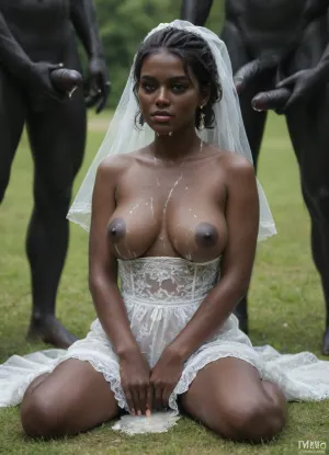 my wife, beautiful woman, 25yo, curvy body, big round boobs, short acro hairy, (ultra black skin:1.9), .break., my wife wearing a wedding dress, boobs out of dress, naked nipples, sitting on the grass, looking the viewer, White cum, cum on her boobs, cum dripping from mouth, a lot of cum, eccessive cum, bukkake, gangbang, (a lot of White skin men), (((White men only))), two White men cum on her