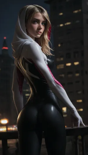 night, clear weather, (shy and embarrassed:1.4), (spider girl Gwen Stacy), (tight outfit), (athletic body:1.5), (hip gap:1.3), wide hips, (narrow waist:1.4), (blonde with pink strands), (view from full side:1.6), climbs to the roof of a high-rise building, (makeup), New York day, ((pussy cameltoe:1.4)), (shining wet clothes), (makeup:1.2), (oiled skin:1.5), (wet shining tight bodysuit:2), hand, 1girl, (athletic ass and hips:1.6), (medium natural breast:1.5), (high detailed face:1.5), dim lights, (hard nipples:1.3), (chiaroscuro lighting:.3), <lora:HandFineTuning_XL:1>, <lora:MGLRbodysuit_sdxl:.6>, <lora:uberfit_lora_sdxl:.4>, <lora:dark:.3>