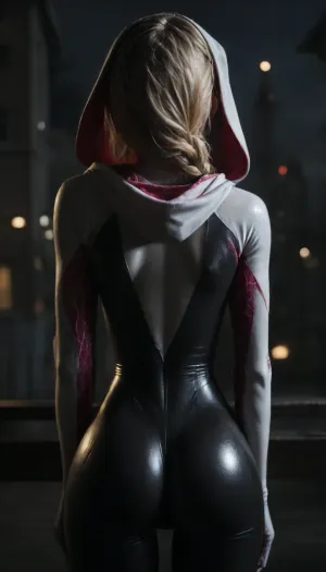 night, clear weather, (((18 years old))), (((young))), (shy and embarrassed:1.4), (spider girl Gwen Stacy), Braided side Side Cornrows Hair, (tight outfit), (athletic body:1.5), hood on head, (hip gap:1.3), wide hips, (narrow waist:1.4), (blonde with pink strands), (full rear view:2), climbs to the roof of a high-rise building, (makeup), New York day, ((pussy cameltoe:1.4)), (shining wet clothes), (makeup:1.2), (oiled skin:1.5), (wet shining tight bodysuit:2), hand, 1girl, (athletic ass:1.6), (medium natural breast:1.5), (high detailed face:1.5), dim lights, (hard nipples:1.3), (chiaroscuro lighting:.3), <lora:HandFineTuning_XL:1>, <lora:MGLRbodysuit_sdxl:.6>, <lora:uberfit_lora_sdxl:.4>, <lora:dark:.3>