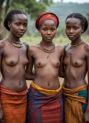 3 young native Women of Ruanda, traditional cloth, flashing, tiny tits, tities, small tits