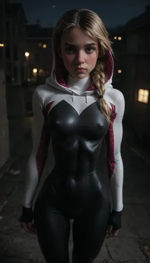 night, clear weather, (((18 years old))), (((young))), (shy and embarrassed:1.4), (spider girl Gwen Stacy), Braided side Side Cornrows Hair, (tight outfit), (athletic body:1.5), hood on head, (hip gap:1.3), wide hips, (narrow waist:1.4), (blonde with pink strands), (view from front and above:1.6), climbs to the roof of a high-rise building, (makeup), New York day, ((pussy cameltoe:1.4)), (shining wet clothes:1.5), (makeup:1.2), (oiled skin:1.5), (wet shining tight bodysuit:1.8), hand, 1girl, (athletic ass), medium natural breast, (high detailed face:1.5), dim lights, (hard nipples:1.3), (chiaroscuro lighting:.3), <lora:HandFineTuning_XL:1>, <lora:MGLRbodysuit_sdxl:.6>, <lora:uberfit_lora_sdxl:.4>, <lora:dark:.3>