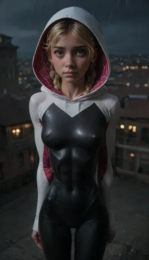 night, raining weather, (((18 years old))), (((young))), (shy and embarrassed:1.4), (spider girl Gwen Stacy), Braided side Side Cornrows Hair, (tight outfit), (athletic body:1.6), hood on head, (hip gap:1.3), wide hips, (narrow waist:1.4), (blonde with pink strands), (view from front and above:1.6), climbs to the roof of a high-rise building, (makeup), New York day, ((pussy cameltoe:1.4)), (shining oiled clothes:1.6), (makeup:1.2), (oiled skin:1.7), (wet shining tight bodysuit:1.8), hand, 1girl, (athletic ass), medium natural breast, (high detailed face:1.5), dim lights, (hard nipples:1.3), (chiaroscuro lighting:.3), <lora:HandFineTuning_XL:1>, <lora:MGLRbodysuit_sdxl:.6>, <lora:uberfit_lora_sdxl:.4>, <lora:dark:.3>