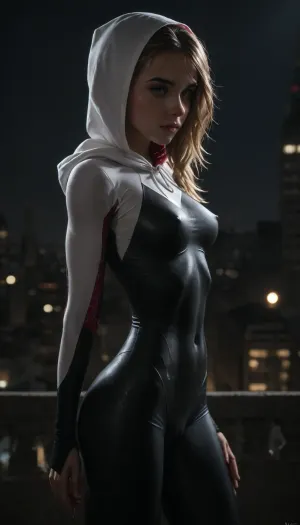 night, clear weather, (((18 years old))), (((young))), (shy and embarrassed:1.4), (spider girl Gwen Stacy), Braided side Side Cornrows Hair, (tight outfit), (athletic body:1.5), hood on head, (hip gap:1.3), wide hips, (narrow waist:1.4), (blonde with pink strands), (view from side:1.6), climbs to the roof of a high-rise building, (makeup), New York day, ((pussy cameltoe:1.4)), (shining wet clothes:2), (makeup:1.2), (oiled skin:1.5), (wet shining tight bodysuit:1.8), hand, 1girl, (athletic ass), medium natural breast, (high detailed face:1.5), dim lights, (hard nipples:1.3), (chiaroscuro lighting:.3), <lora:HandFineTuning_XL:1>, <lora:MGLRbodysuit_sdxl:.6>, <lora:uberfit_lora_sdxl:.4>, <lora:dark:.3>