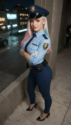 masterpiece, best quality, highres, absurdres, very awa, 1girl, solo, long hair, multicolored hair, black hair, white hair, pink hair, blue hair, ear piercing, lip piercing, policewoman, police uniform, collared shirt, white shirt, police hat, peaked cap, outdoors, sky, night, shadow, scenery, reflection, reflective floor, building, against wall, from side, crossed arms, pink eyes, pants, blue pants, belt, belt pouch, white gloves, jacket, blue jacket, from above, full body, looking at viewer, high heels, black footwear, wide shot, v-shaped eyebrows, smirk, parted lips
