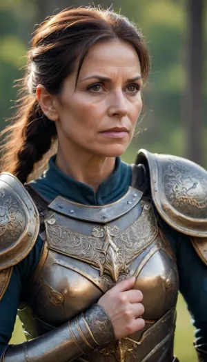 woman, 60 years old, female warrior, wearing ring armor