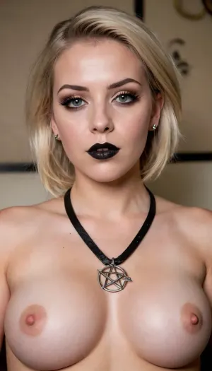 28 years old, Slovak, woman, rocker, slightly chubby body figure, short legs, big thighs, big hips, flat wide butt, slightly flabby belly, small saggy breasts, elliptical reddish nipples, light skin, untrimmed bushy blond pubic hair, pointed square chin, plump cheeks, medium-sized mouth, full lips, medium-sized nose, bushy dark brown eyebrows, piercing medium-sized grey eyes, prominent long black eyelashes, short blond hair, blond bob haircut, blond hair shaved shorter on left side of head, black eyeline, black lipstick, multiple leather bracelets, multiple rings, multiple earrings, black satanic pentagram hanging from neck, black leather strap around neck, lie down on bed