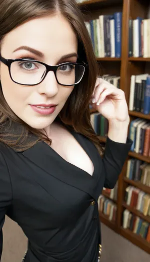 Candid photo, ((Hyper realistic photo)), ((high definition)), ((8k image)), ((highest quality photo)), masterpiece, high detail, ultimate realism, realistic adorable naughty librarian, photorealistic, realistic detailed eyes, realistic detailed face, realistic detailed skin, realistic detailed library, long brown hair, gorgeous, shy, pale skin, gentle smile, (nerdy 30 year old woman:1.4), nerdy glasses, soft full lips, dimples, (large expressive eyes, eyes focus), gentle seduction, (sfw, nonude, fully clothed), 3d view