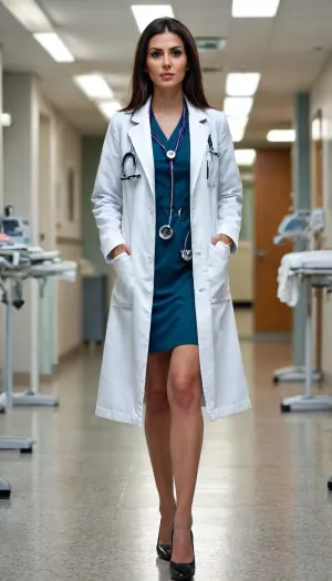(highly detailed face), as a middle doctor slender, short dress under hospital coat, stethoscope, heels walking anxiously in a hospital full body view, bmbplora, nicorima, <lora:bimboxl_02:.5>, <lora:Nicorima Style:.5>