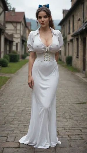 French, 25+, Voluptuous, Massive Breast, erect nipples, huge Bubble butt, Long length, Ponytail, Cleavage, Messy Hair, Thick Thighs, Waist Shot, Medieval, European Village, Soft Shadow, cosplay belle from beauty and the beast, big blue hairbow, restrained, arms behind back, extremely hyper ample cleavage, deep clevage, exaggerted wasp waist, humongous breasts, breasts squeezing shirt, breasts stretching dress to its limits, her breasts are obviously way too big for dress, her dress is squeezing her huge breasts extremely tight, huge breasts about to bust out of dress, dress barely covers nipples, dream woman, extremely face