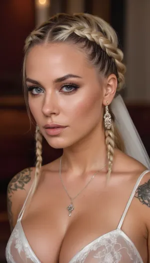 beautiful bride in the wedding gangbanged, blonde with black roots braided ponytail hair, nipple piercing, perfect skin with pagan tattoos of mystical cults, very detailed, ultra realism, large, breasts, big, boobs, huge, tits, <lora:bombshell_v2:.4>