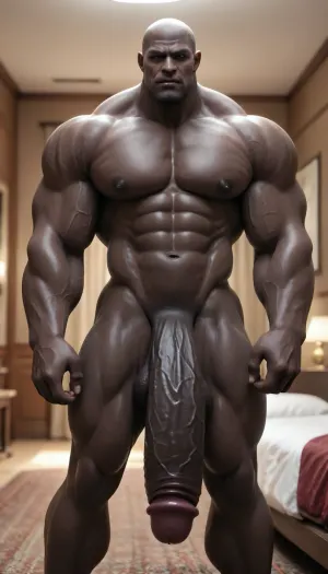 bedroom, gigantic black brute, only one person, only man., no woman, (tall strong muscular thug:1.1), big, muscle, large, hyper, huge black cock, focus on cock, thick, limbs, thighs, arms, <lora:bodybuilder:1.2>, black, dark, skin, <lora:Diversify:.8>