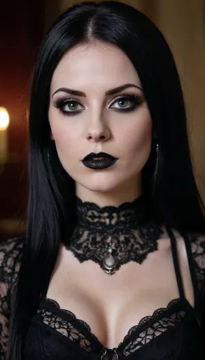 skinny white caucasian girl with dark straight long black hair without bangs, goth, punk rock style, she has extreme dark hazel eyes, wearing lots of black eye makeup with sharp black points at the corner of her eyes, dark lipstick, big tits, cleavage, black lace outfit, pierced nipples