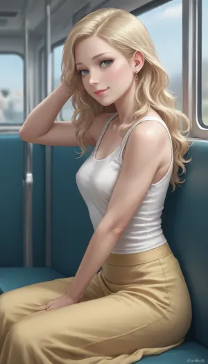 ziprealism, score_9, score_8_up, (amateur candid snapshot, side view), (shy eye contact, bashful pose, soft smile), (long blonde hair), (tight tank top, long skirt), sitting in subway train